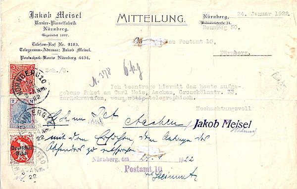 Brief zur Rückziehung eines Paketes ans Postamt 10 in Nürnberg